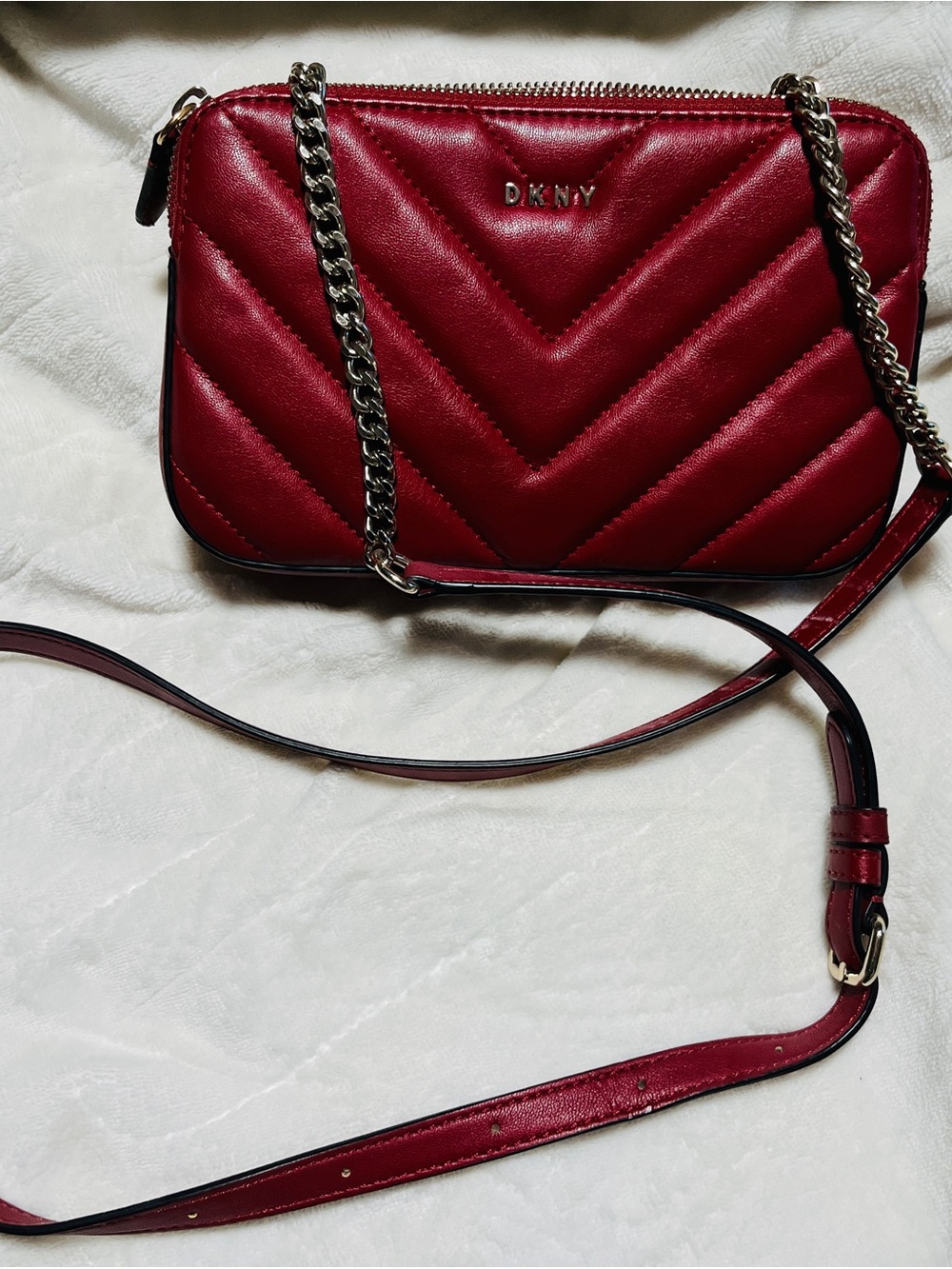 DKNY Quilted Wine-Red Chevron Crossbody with Chain Strap